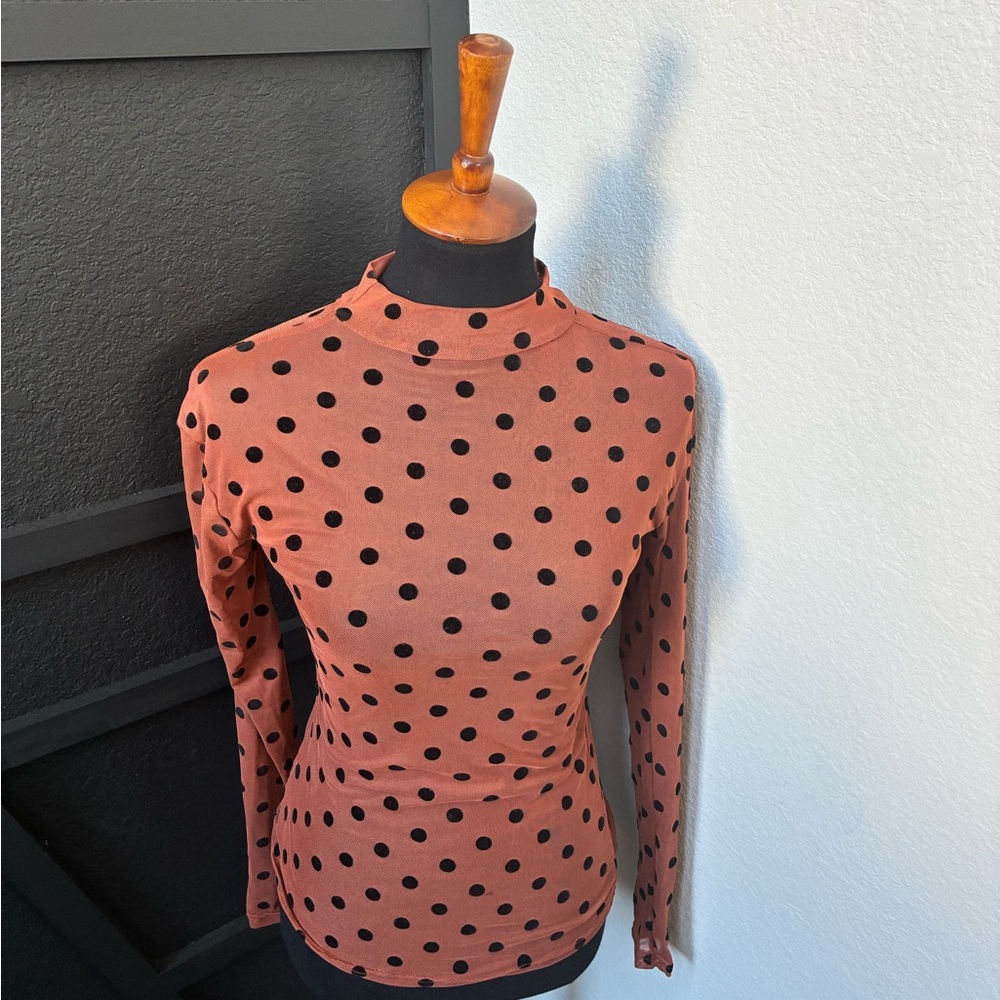 Polka Dot Mesh Mock Neck Top | Long Sleeve Fitted | Small